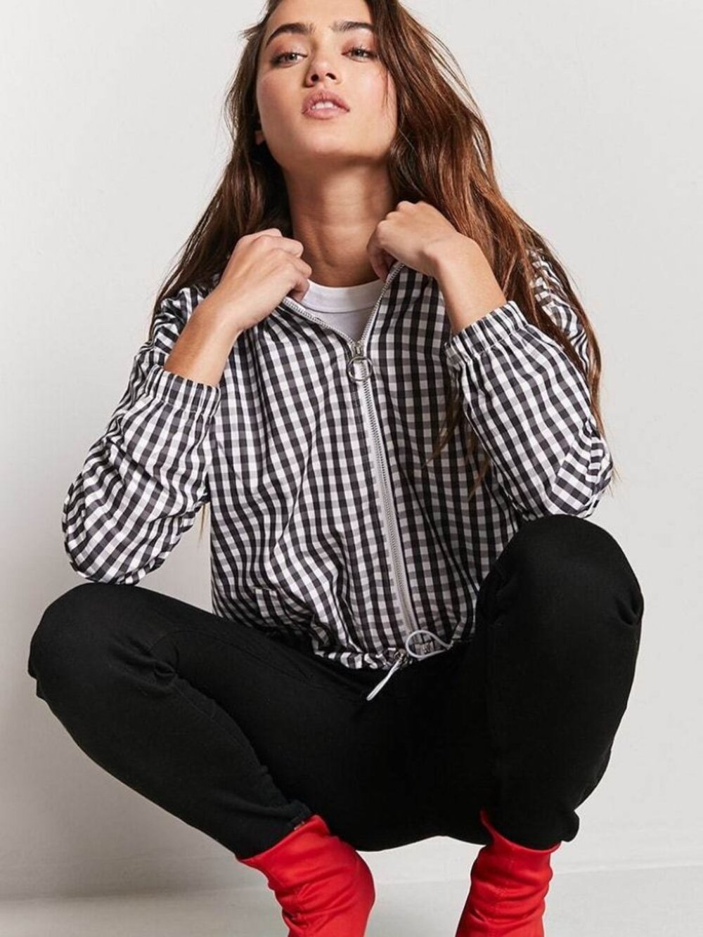Forever 21 Black White Gingham Hooded Jacket Small S